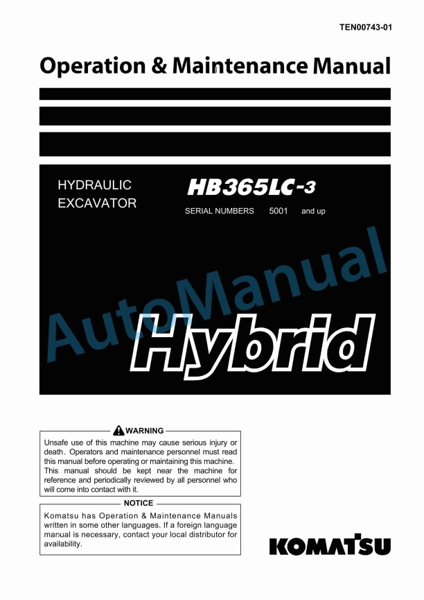 Komatsu HB365LC-3 Hybrid Hydraulic Excavator Operation and Maintenance Manual TEN00743-01