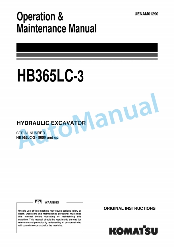 Komatsu HB365LC-3 Hydraulic Excavator Operation and Maintenance Manual UENAM01290