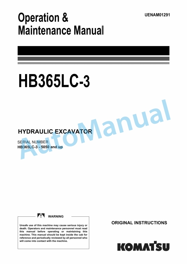 Komatsu HB365LC-3 Hydraulic Excavator Operation and Maintenance Manual UENAM01291
