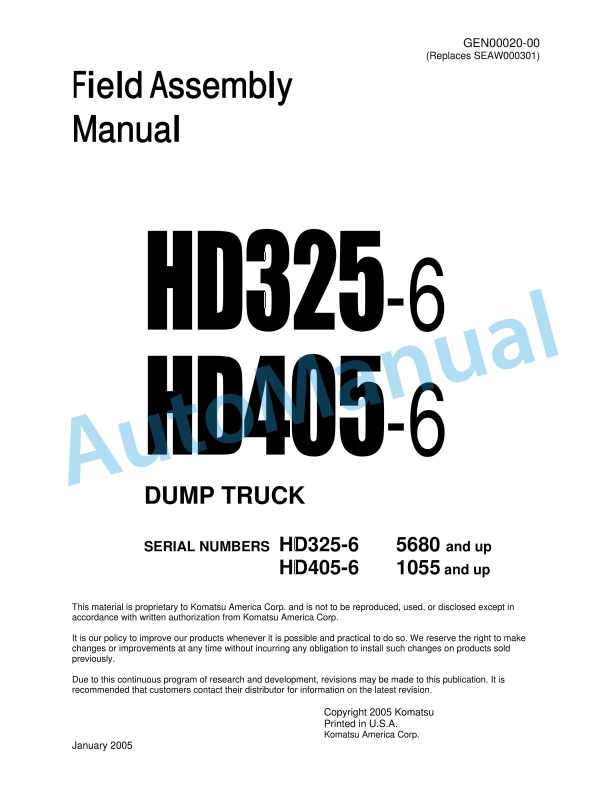 Komatsu HD325-6, HD405-6 Dump Truck Field Assembly Instruction GEN00020-00