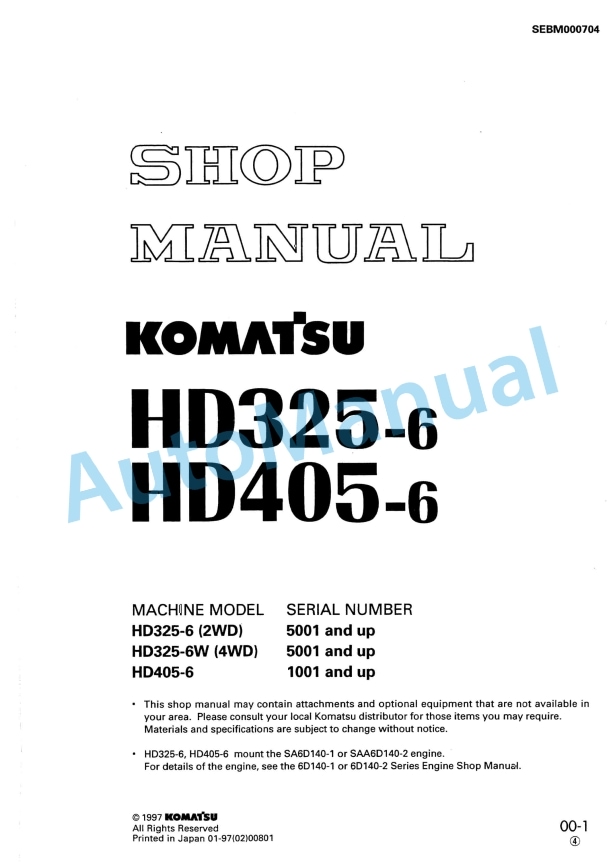 Komatsu HD325-6, HD405-6 Dump Truck Shop Manual SEBM000704