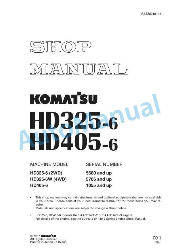 Komatsu HD325-6, HD405-6 Dump Truck Shop Manual SEBM015115