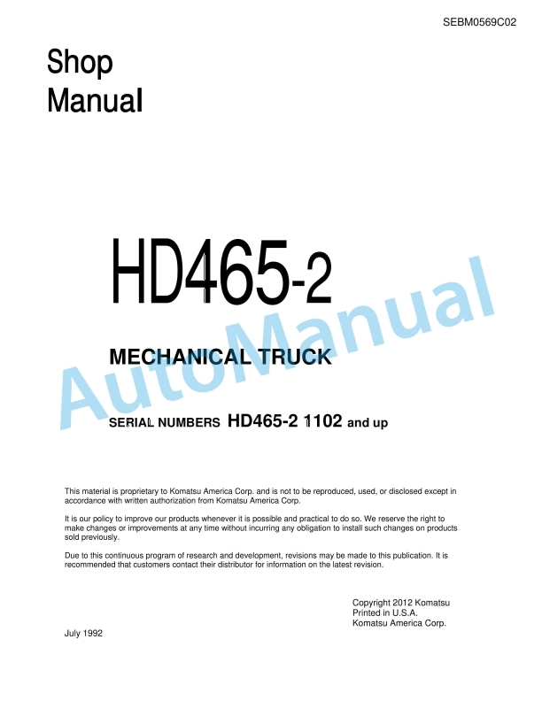 Komatsu HD465-2 Mechanical Truck Shop Manual SEBM0569C02