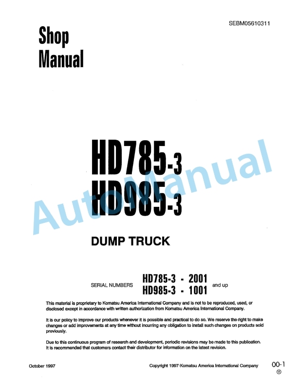 Komatsu HD785-3, HD985-3 Dump Truck Shop Manual SEBM05610311