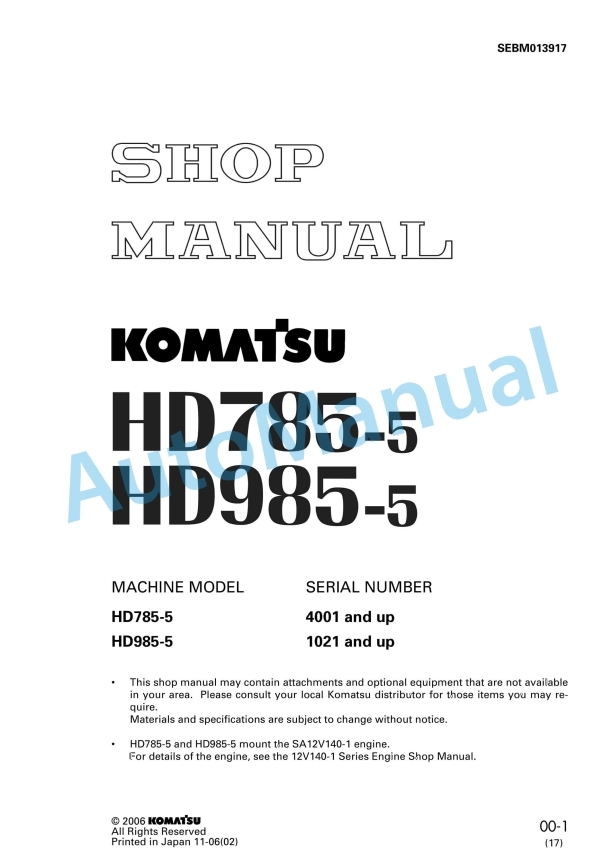 Komatsu HD785-5, HD985-5 Dump Truck Shop Manual SEBM013917