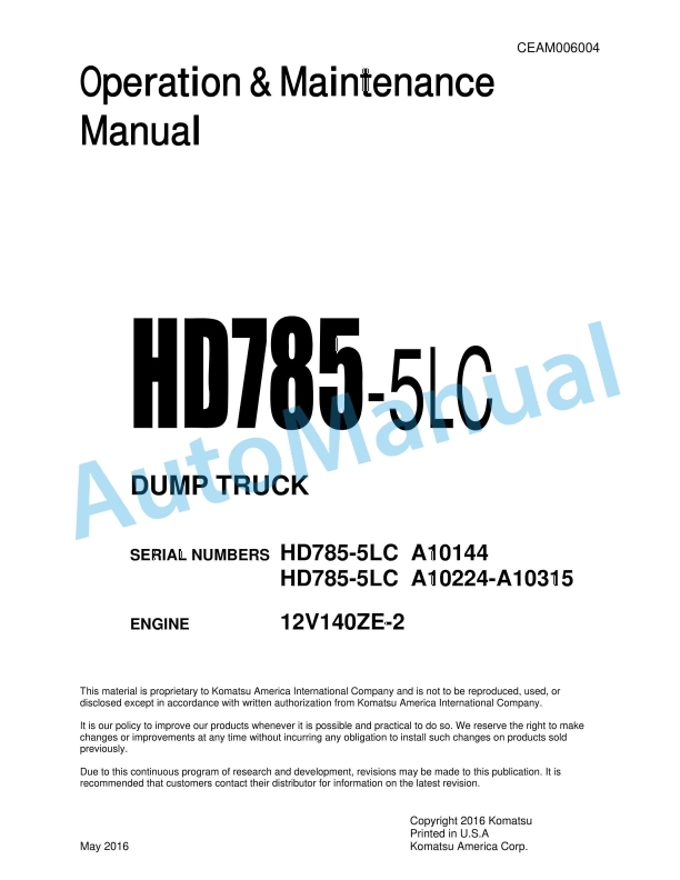 Komatsu HD785-5LC Dump Truck Operation and Maintenance Manual CEAM006004