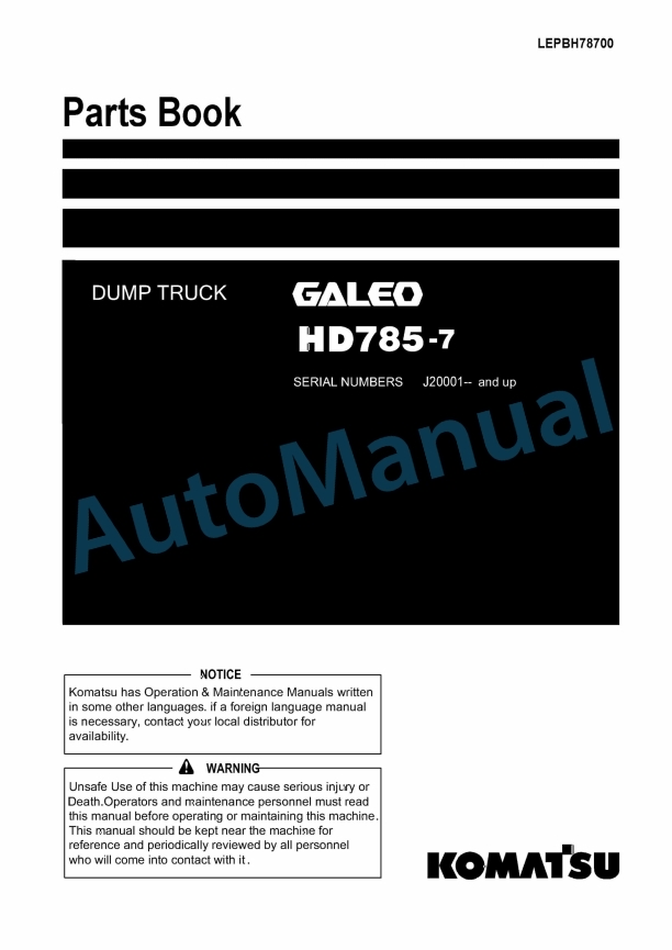 Komatsu HD785-7 Galeo Dump Truck Parts Manual LEPBH78700