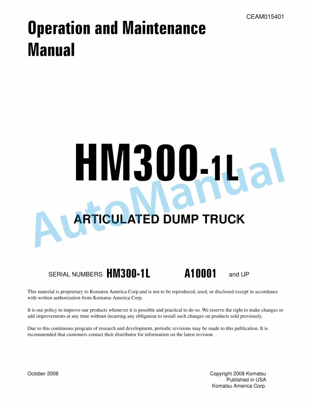 Komatsu HM300-1L Articulated Dump Truck Operation and Maintenance Manual CEAM015401