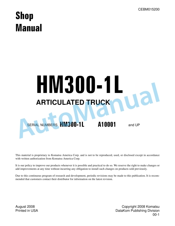 Komatsu HM300-1L Articulated Dump Truck Shop Manual CEBM015200