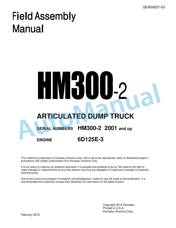 Komatsu HM300-2 Articulated Dump Truck Field Assembly Instruction GEN00037-03