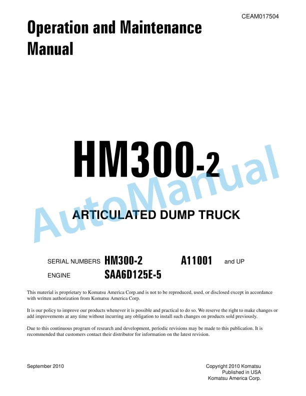 Komatsu HM300-2 Articulated Dump Truck Operation and Maintenance Manual CEAM017504