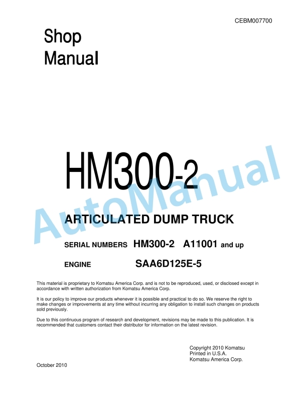 Komatsu HM300-2 Articulated Dump Truck Shop Manual CEBM007700