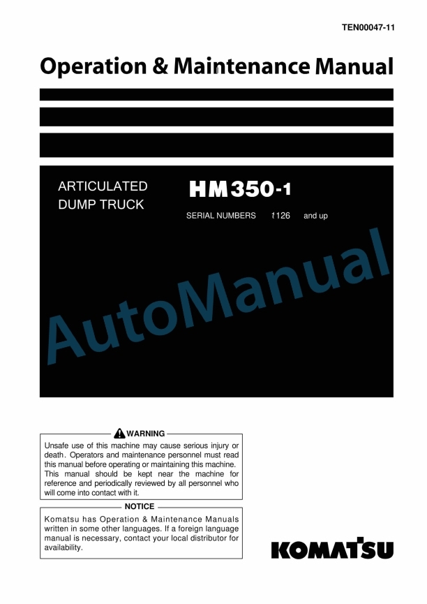 Komatsu HM350-1 Articulated Dump Truck Operation and Maintenance Manual TEN00047-11