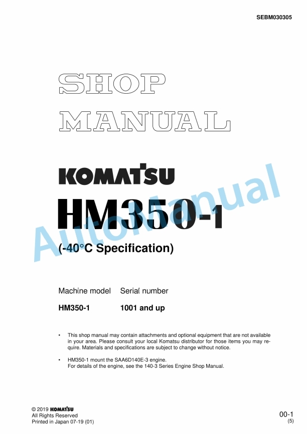 Komatsu HM350-1 Articulated Dump Truck Shop Manual SEBM030305