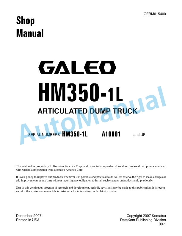 Komatsu HM350-1L Articulated Dump Truck Shop Manual CEBM015400