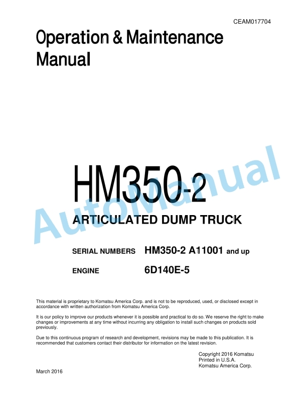 Komatsu HM350-2 Articulated Dump Truck Operation and Maintenance Manual CEAM017704
