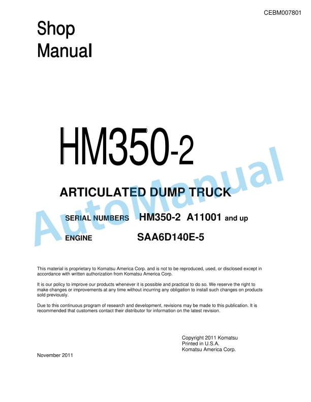 Komatsu HM350-2 Articulated Dump Truck Shop Manual CEBM007801