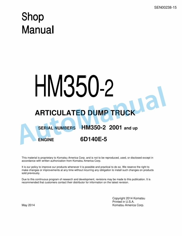 Komatsu HM350-2 Articulated Dump Truck Shop Manual SEN00238-15