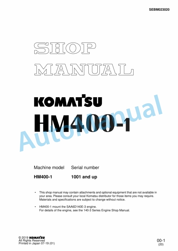 Komatsu HM400-1 Articulated Dump Truck Shop Manual SEBM023020