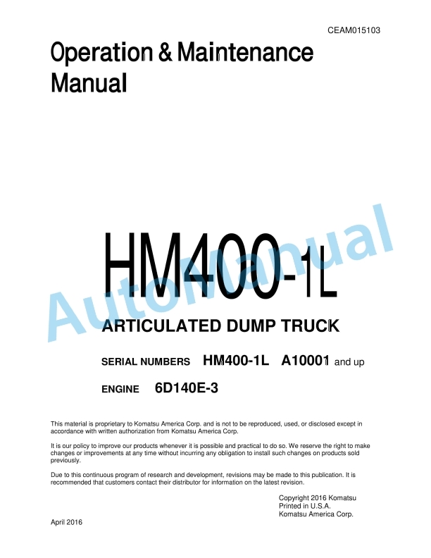 Komatsu HM400-1L Articulated Dump Truck Operation and Maintenance Manual CEAM015103