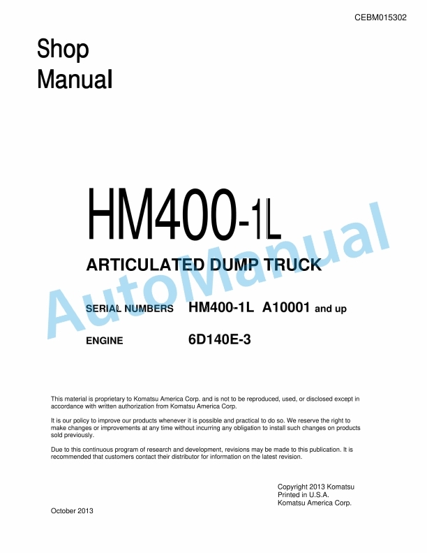 Komatsu HM400-1L Articulated Dump Truck Shop Manual CEBM015302