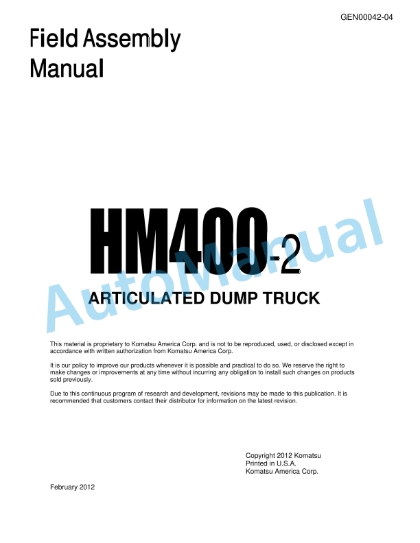 Komatsu HM400-2 Articulated Dump Truck Field Assembly Instruction GEN00042-04