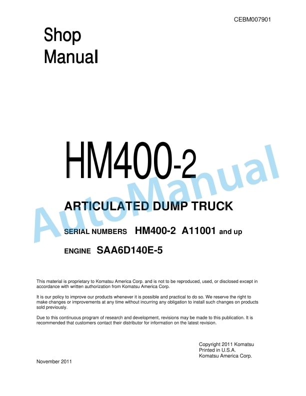 Komatsu HM400-2 Articulated Dump Truck Shop Manual CEBM007901