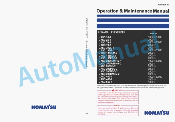 Komatsu JASC35-1, JASC35-2, JASC70-1, JASC70-2, JASC70VL-2, JASC135-1, JASC135P-1, JASC135-2, JASC135P-2, JASC135M Operation and Maintenance Manual PEN01830-00