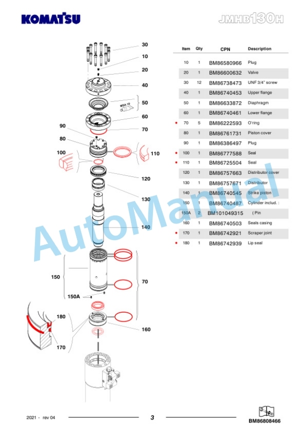 Komatsu JMHB130H-1 Hydraulic Breaker Parts Manual FEN04366-04-2