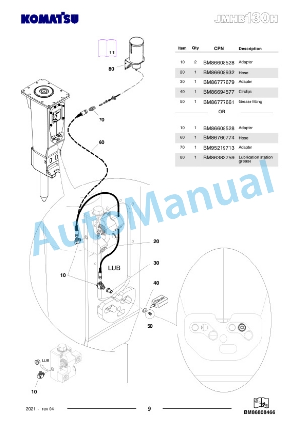Komatsu JMHB130H-1 Hydraulic Breaker Parts Manual FEN04366-04-4