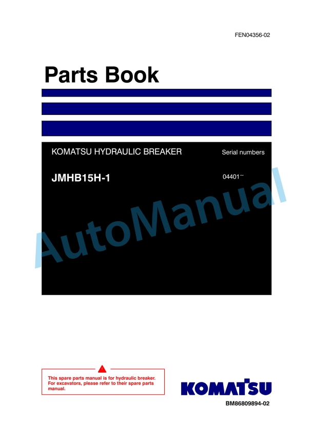 Komatsu JMHB15H-1 Hydraulic Breaker Parts Manual FEN04356-02
