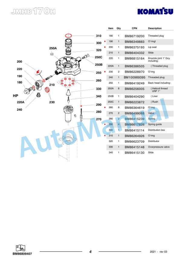 Komatsu JMHB170H-1 Hydraulic Breaker Parts Manual FEN04367-03-2