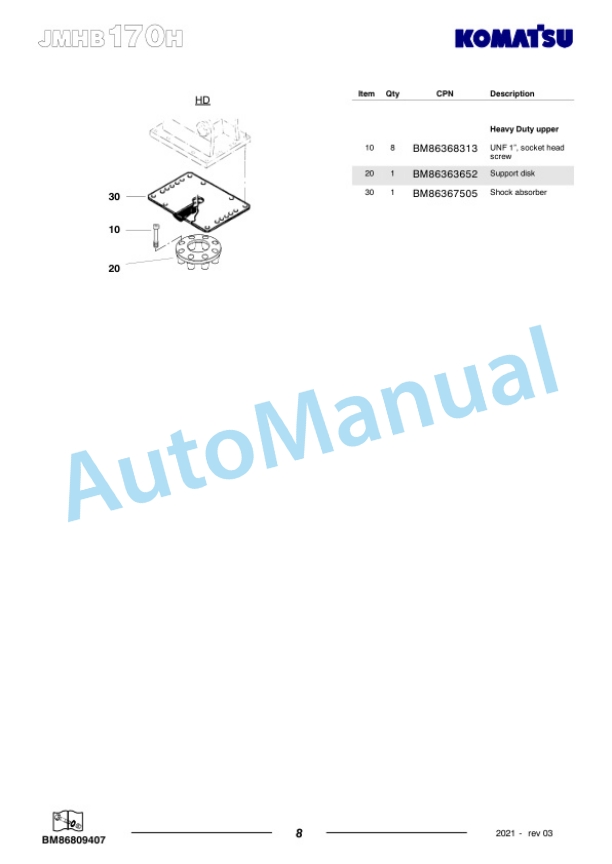 Komatsu JMHB170H-1 Hydraulic Breaker Parts Manual FEN04367-03-3