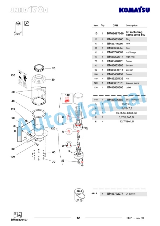 Komatsu JMHB170H-1 Hydraulic Breaker Parts Manual FEN04367-03-4