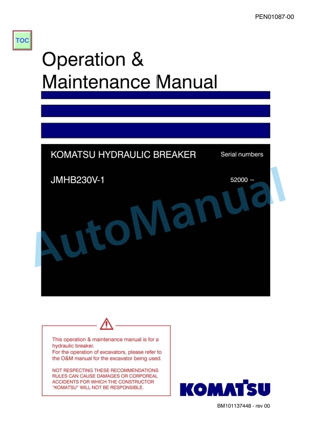 Komatsu JMHB230V-1 Hydraulic Breaker Operation and Maintenance Manual PEN01087-00