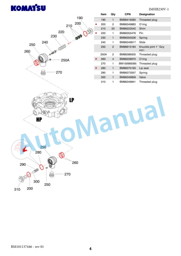 Komatsu JMHB230V-1 Hydraulic Breaker Parts Manual FEN04374-00-2