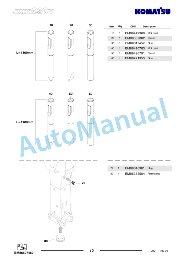 Komatsu JMHB230V-1 Hydraulic Breaker Parts Manual FEN04374-04-4