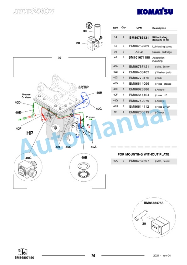 Komatsu JMHB230V-1 Hydraulic Breaker Parts Manual FEN04374-04-5