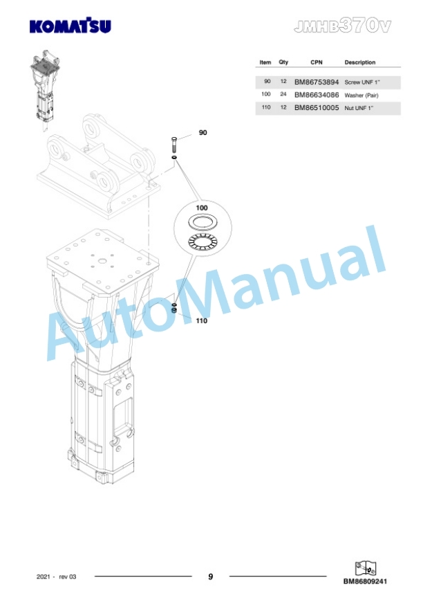Komatsu JMHB370V-1 Hydraulic Breaker Parts Manual FEN04375-03-3