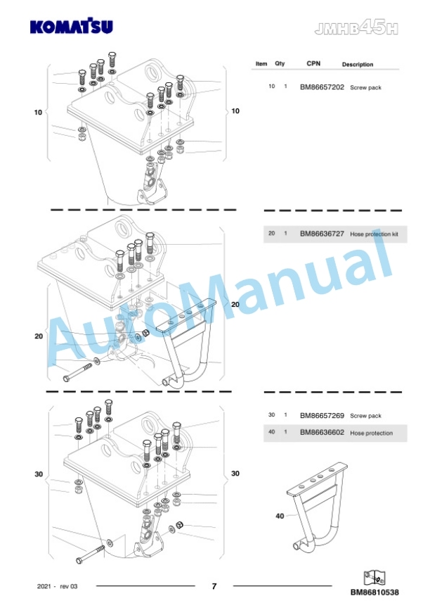 Komatsu JMHB45H-1 Hydraulic Breaker Parts Manual FEN04361-03-4