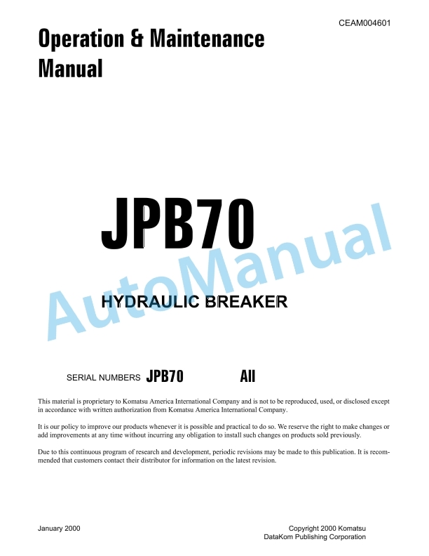 Komatsu JPB70 Hydraulic Breaker Operation and Maintenance Manual CEAM004601