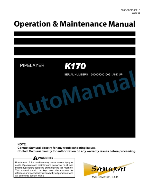 Komatsu K170 PipeLayer Operation and Maintenance Manual 5000-08OP-0001B
