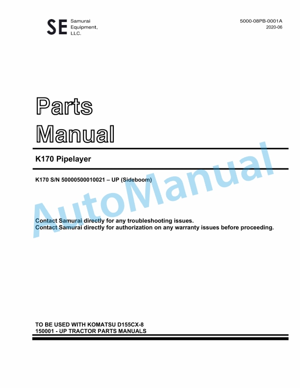 Komatsu K170 PipeLayer Parts Manual 5000-08PB-0001A