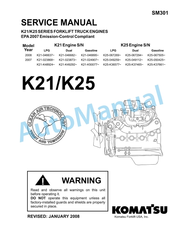 Komatsu K21, K25 Series Engine Forklift Truck Service Manual SM301