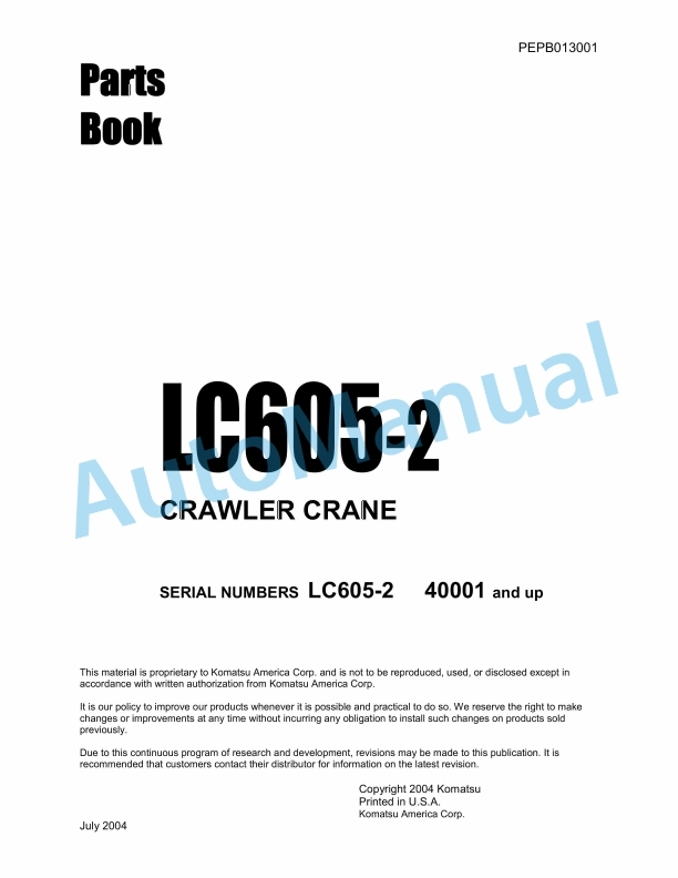 Komatsu LC605-2 Crawler Crane Parts Manual PEPB013001