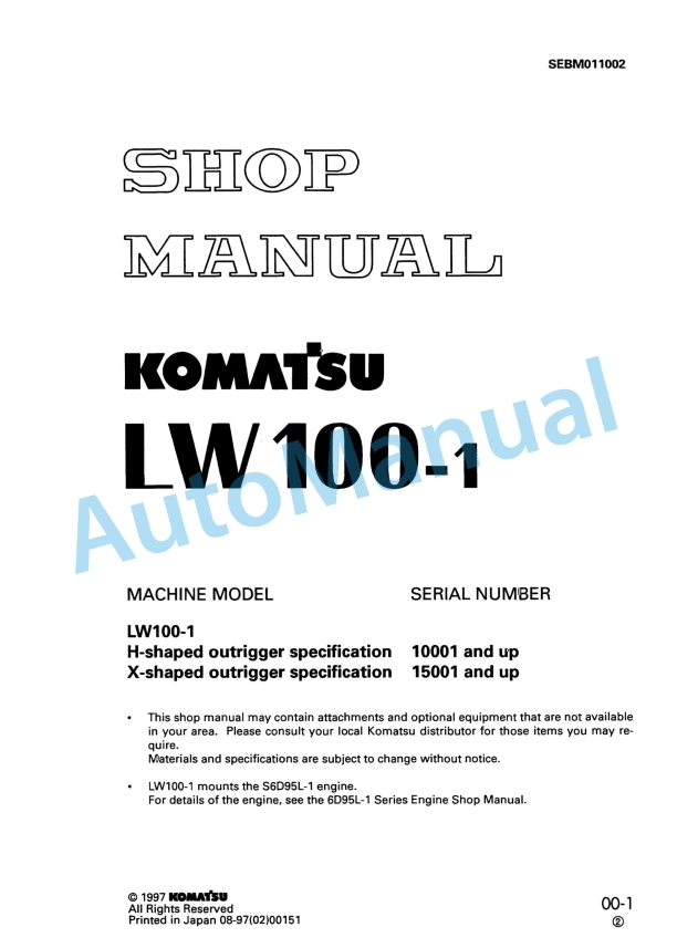 Komatsu LW100-1 Rough Terrain Crane Shop Manual SEBM011002
