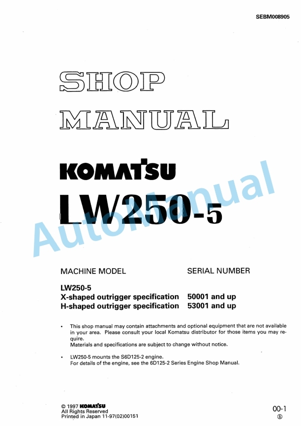 Komatsu LW250-5 Rough Terrain Crane Shop Manual SEBM008905