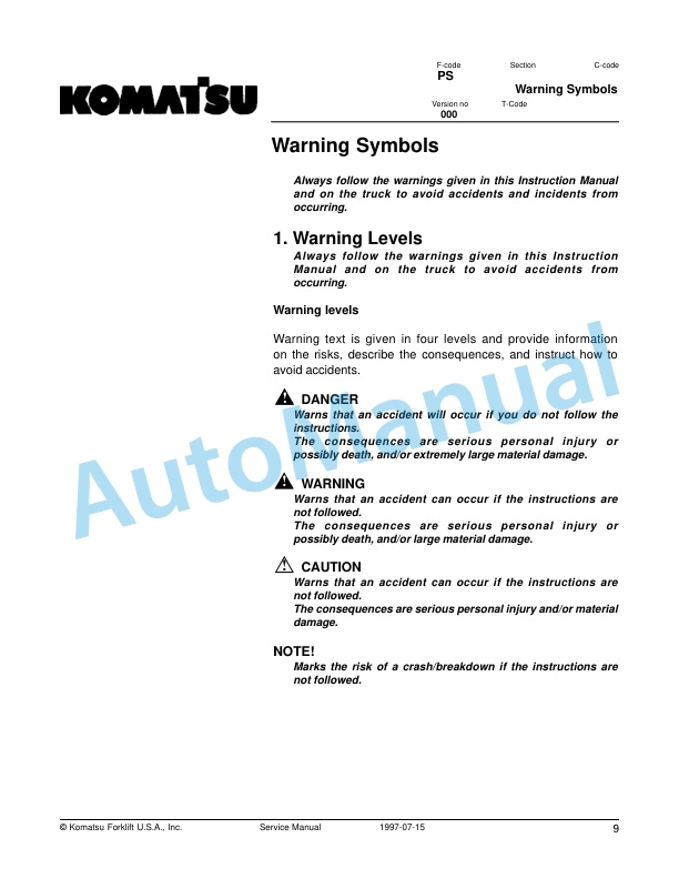 Komatsu MPF15-1A Electric Counterbalanced Order Selector Shop Manual SM034A-5
