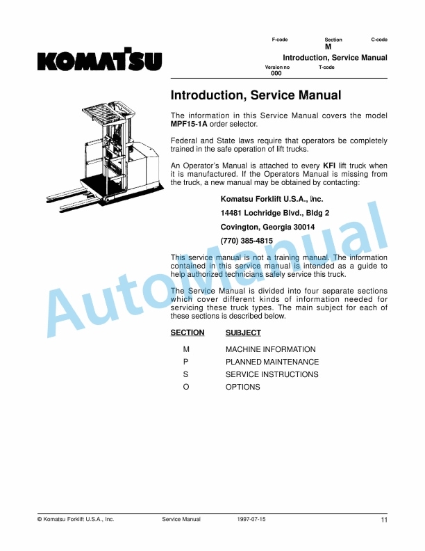 Komatsu MPF15-1A Forklift Truck Service Manual