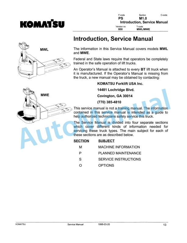 Komatsu MWL, MWE Forklift Truck Service Manual SM035A